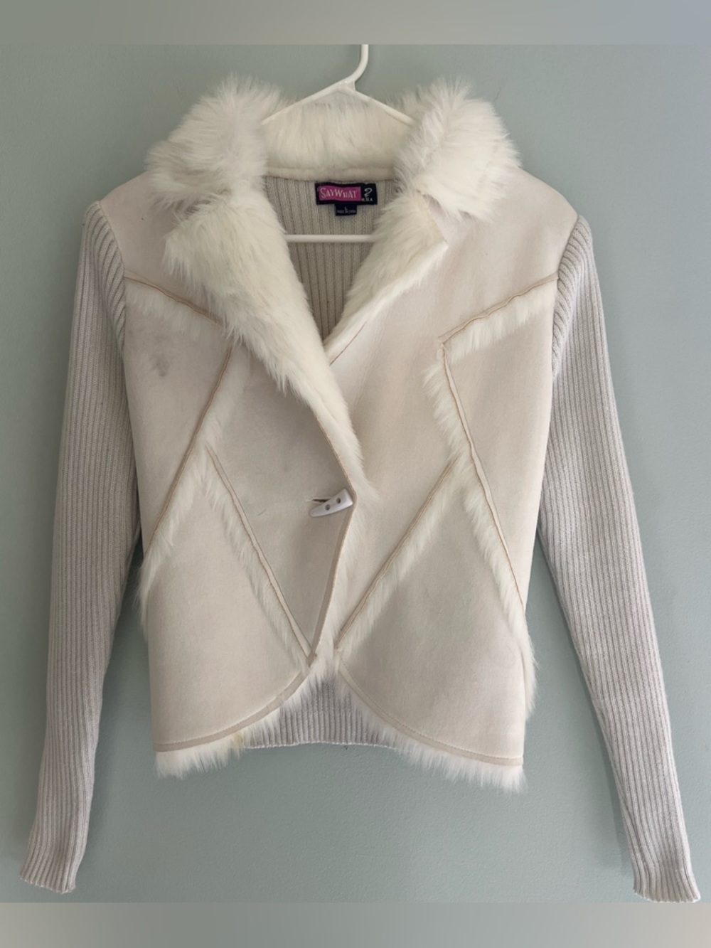 Say What? White Cream Faux Suede Fur Rib Knit Y2K Bratz 2000s Diva Jacket Size L